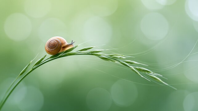 A tiny snail rests peacefully on a curved grass stem at dawn, with a soft green bokeh