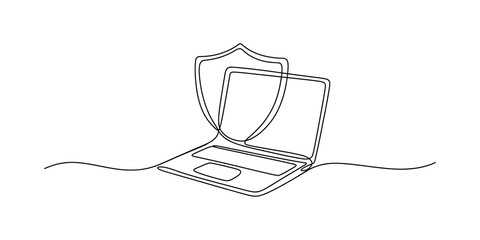 Obraz premium Continuous line drawing of a laptop computer with a digital security shield