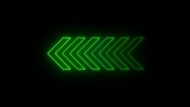 Abstract neon flashing light back arrow loading animation. Left arrow for road direction. Abstract beautiful color neon left side animation. neon arrow moving left on black.4k