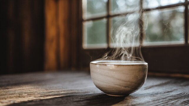 Steaming white tea bowl on a dark wood table. Natural light enters through a window
