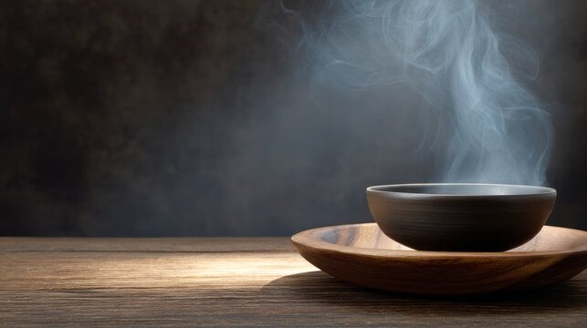 Steaming dark bowl on wood, golden lit with smoke