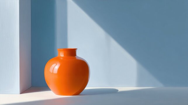 A vibrant orange vase stands on a pastel blue surface, illuminated by light creating sharp shadows