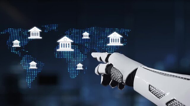 A robotic hand illustrates the intersection of technology and finance by showcasing a digital world map with growth indicators and bank symbols, highlighting economic trends. Synapse