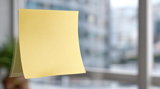 A blank yellow post-it note adheres to a clear office window during the day