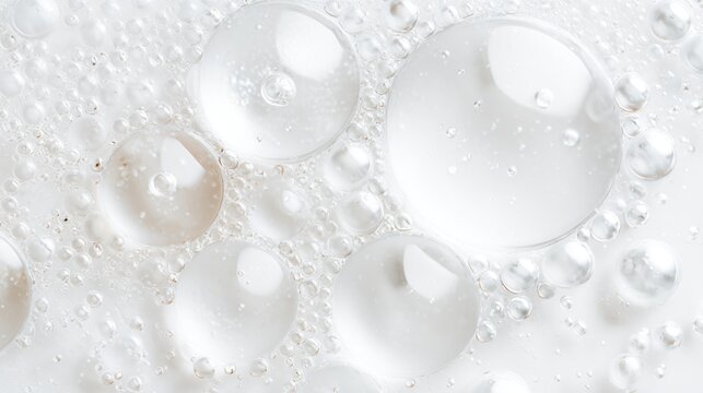 Numerous clear water bubbles float suspended in white oil on a clean white surface from above