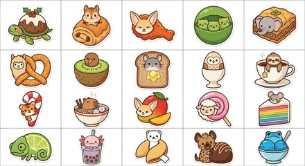 Obraz premium Set of cute animals combined with food, kawaii style stickers isolated on white background