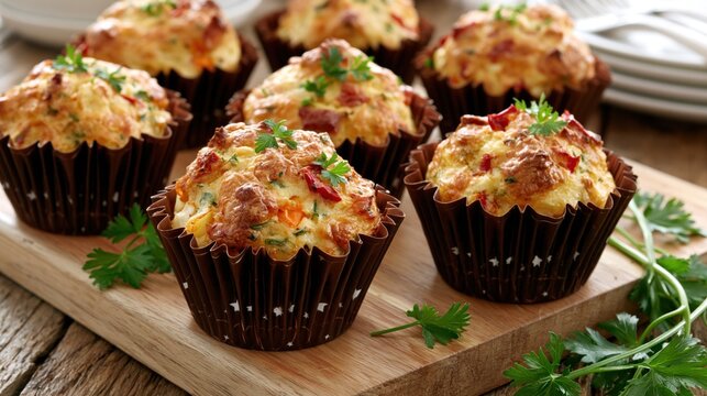 Nine savoury muffins, chocolate Texas liners, herbs on a wooden board