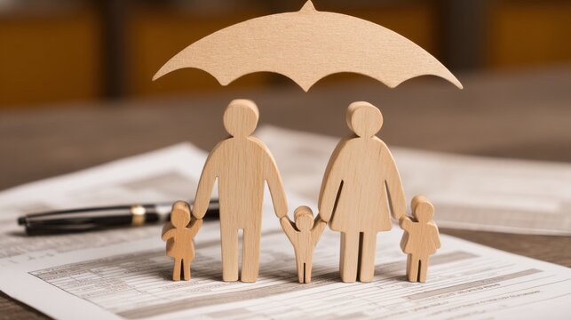 Five wooden family figures are protected by an umbrella placed on financial papers