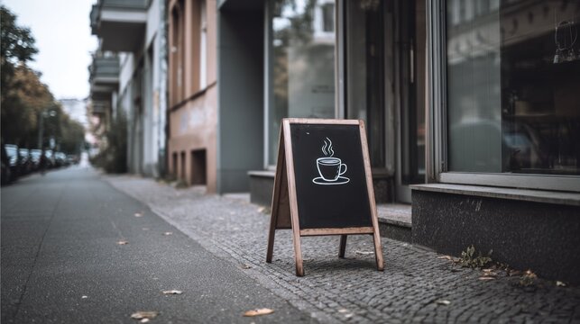 A wooden A-frame sign with a chalk coffee cup outside a Berlin coffee shop on a windy morning