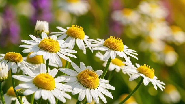 Beautiful white and yellow daisies in a vibrant garden with blurred background