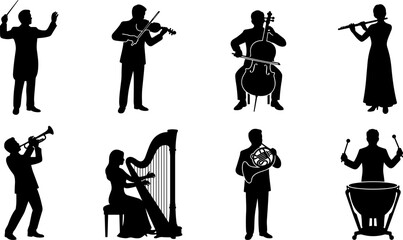 Classical orchestra musician silhouettes collection featuring conductor and instrumentalists performing symphonic music © Utpal
