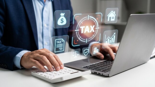 Tax compliance and corporate accounting concept showing digital tax calculation, financial auditing, and legal regulation icons. Ideal for tax advisory services, bookkeeping software, auditing firms, 