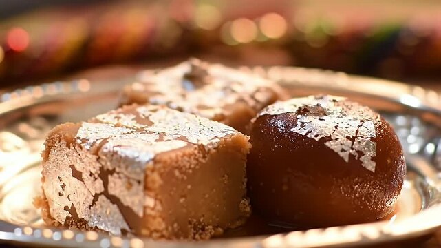 Indian sweets Gulab Jamun and Barfi on silver plate.