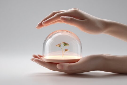 Crystal dome protects sprout & warm light, held by provider & patient hands