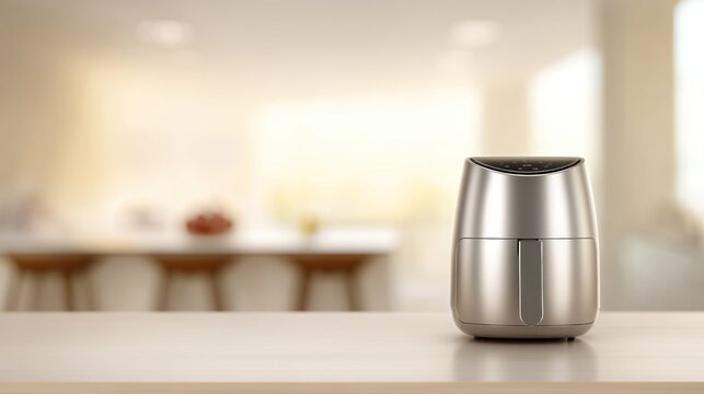 A sleek metallic air fryer sits prominently on a clean kitchen counter bathed in morning light