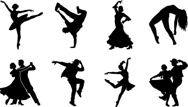 Collection of diverse dance style silhouettes featuring ballet, hip hop, flamenco, contemporary, ballroom, and folk dancers