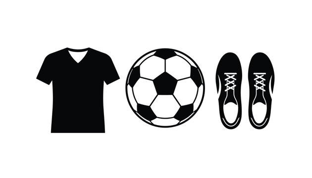 Collection of soccer equipment icons including a team jersey, a football ball, and a pair of spiked cleats or boots.