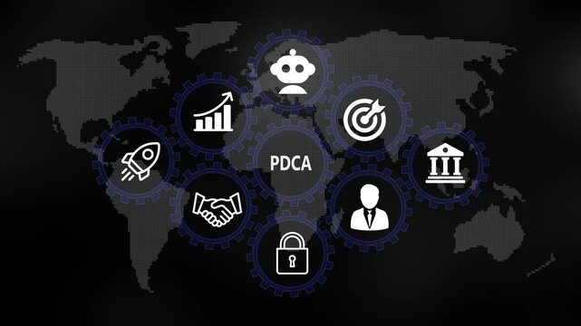 PDCA for Business and Finance Concept. Rotating gear mechanism process settings icon animation. Technology, Internet and network concept on world background. 4k video