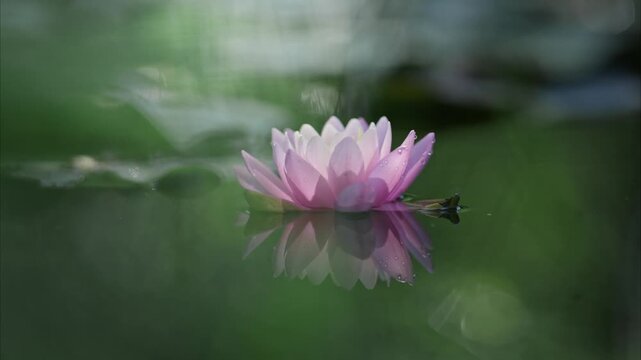 Pink lotus flower or waterlily reflected on the water surface of green pond. Slowmotion
