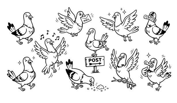 Vintage Style Cartoon Pigeons in Playful Urban Poses Vector Collection