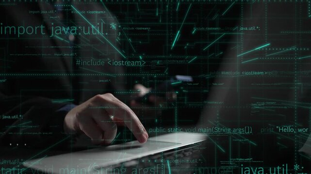 A focused programmer types on a laptop in a dimly lit environment, surrounded by a visual of code, illustrating the vibrant world of software development and technology. Xenic