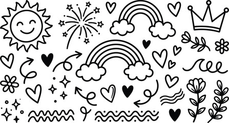 Fototapeta premium Black and white hand drawn doodle set featuring cute sun rainbows hearts flowers stars arrows and a royal crown icon