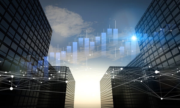Global business intelligence network system showing international real estate development indicators and financial trading data on sky background, smart macroeconomic infrastructure conceptual visual.
