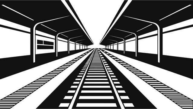 Minimalist Black and White Railway Station Perspective, Vector Illustration of Empty Train Platform and Tracks