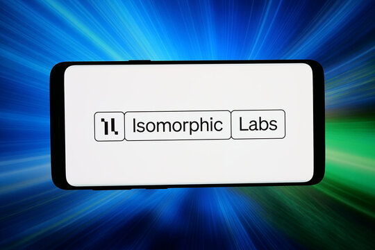 Stuttgart, Germany - 06-12-2026: In this photo illustration, the logo of British AI company Isomorphic Labs Limited is displayed on a smartphone in front of abstract background on computer screen.