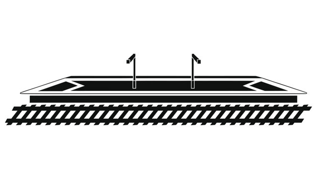 Minimalist Black and White Vector Illustration of a Railway Station Platform and Train Tracks Top View Isometric Icon