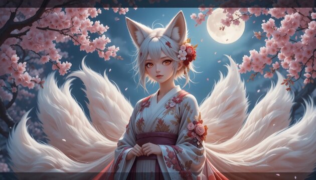 Fantasy Fox Spirit Girl Under Moonlight