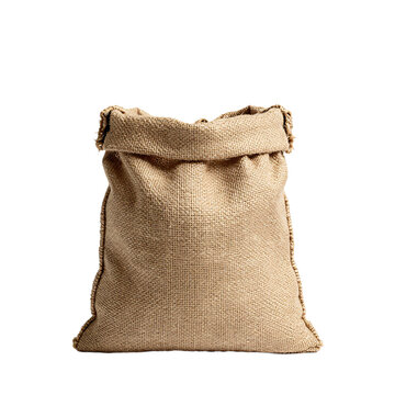 Empty burlap sack standing upright on a white surface in a studio setting