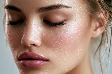 Fototapeta premium Serene beauty portrait of a woman with eyes closed and dewy skin covered in water droplets. Spa treatment, relaxation and skin hydration concept.