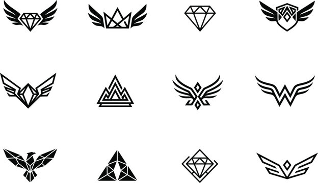 Set of modern geometric black and white logo icons featuring abstract wings, luxury diamonds, royal crowns, heraldic shields, and flying eagles for brand identity.