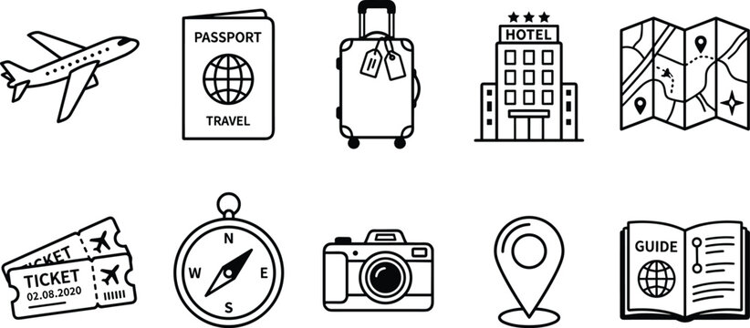 Travel tourism and vacation planning thin line vector icon set featuring airplane passport luggage suitcase hotel building folded map boarding tickets compass photo camera location 