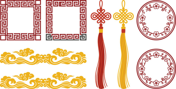 Traditional Chinese decorative elements vector set featuring oriental auspicious square frames round floral borders mystic knots with tassels and golden auspicious cloud wave ornaments.