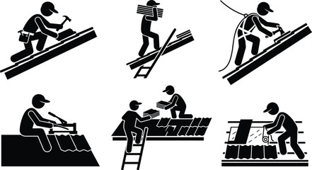 Roofing contractor vector silhouette icon set featuring builders repairing installing tiles using safety harness and ladders © Rakib