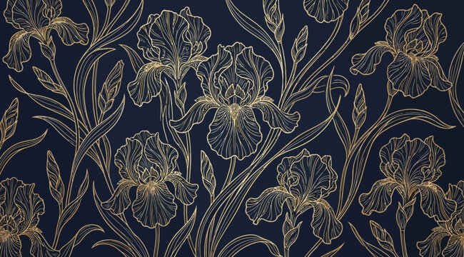Elegant floral pattern with golden iris flowers on a dark navy blue background