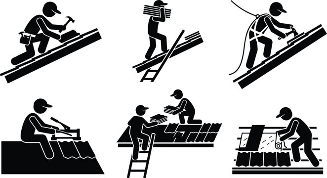 Roofing contractor vector silhouette icon set featuring builders repairing installing tiles using safety harness and ladders