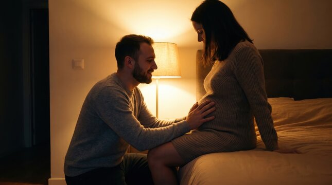 Affectionate husband touching his pregnant wife's belly in a cozy bedroom with warm lamp lighting, celebrating future parenthood and family love, perfect for lifestyle and maternity concepts