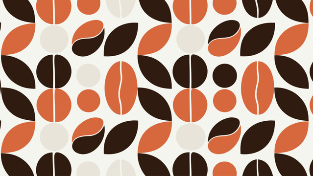 Abstract coffee beans pattern with circles and leaves.