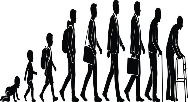 Silhouette illustration showing the complete human life cycle and male aging process, depicting stages from a crawling baby to an elderly senior citizen.