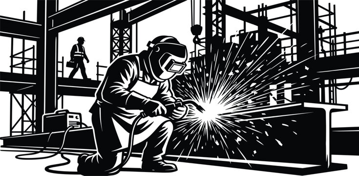 Industrial steel welder working on construction site vector illustration featuring worker in protective mask welding i-beam structures with bright sparks in retro linocut style.