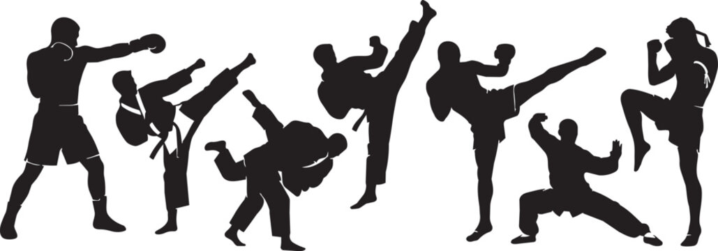 Martial arts silhouettes, kickboxing icons, fighting poses, black sport illustrations, athletic movements