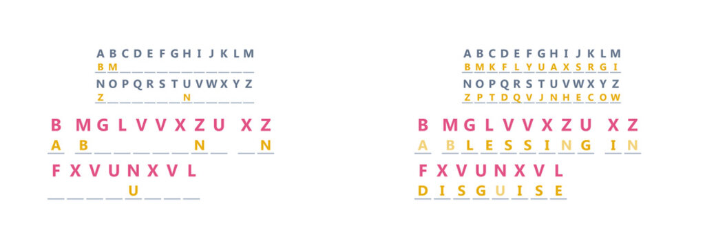 Coded message layout with colorful letters on white background  