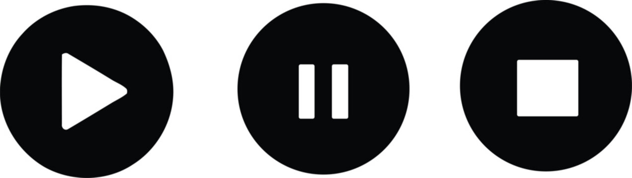 play button icon, play and pause icon, stop media control buttons in circular frames 