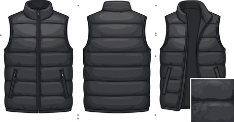 Men Black Puffer Vest Vector Mockup Set with Front Back and Open Views for Winter Apparel Design Templates © Maslima