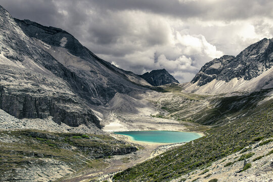 Mountain landscape with lake in Daocheng Yading, China
