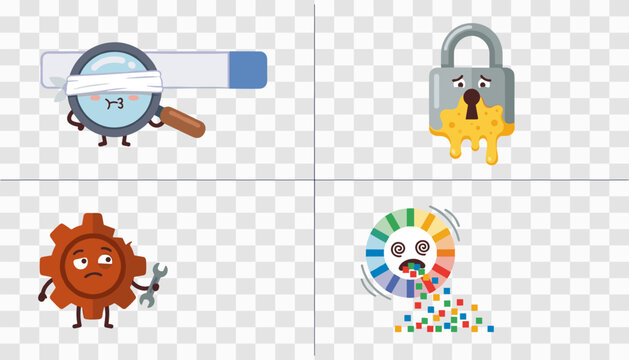 Set of funny cartoon tech mascots showing search loading melting lock gear maintenance and data crash isolated on transparent background.
