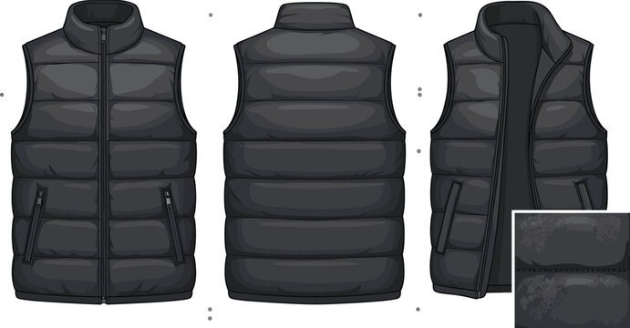Men Black Puffer Vest Vector Mockup Set with Front Back and Open Views for Winter Apparel Design Templates